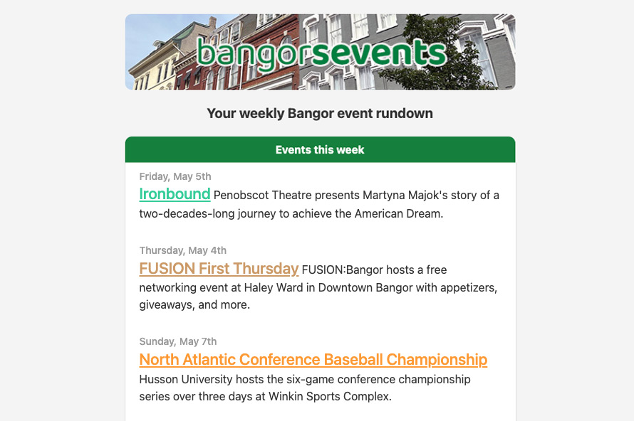 Screenshot of a weekly event rundown email